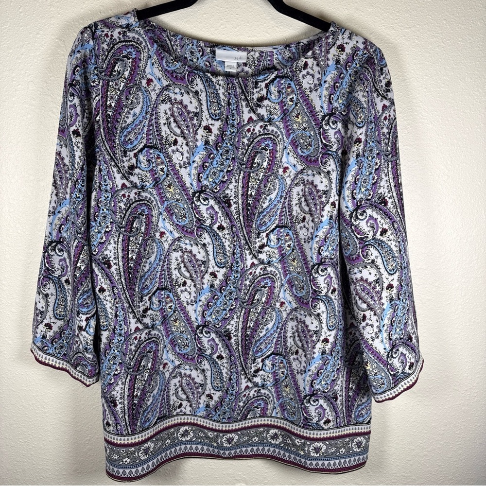 J Jill Paisley Tunic Womens Size M Gray 3/4 Sleeves Pullover Crew Wrap